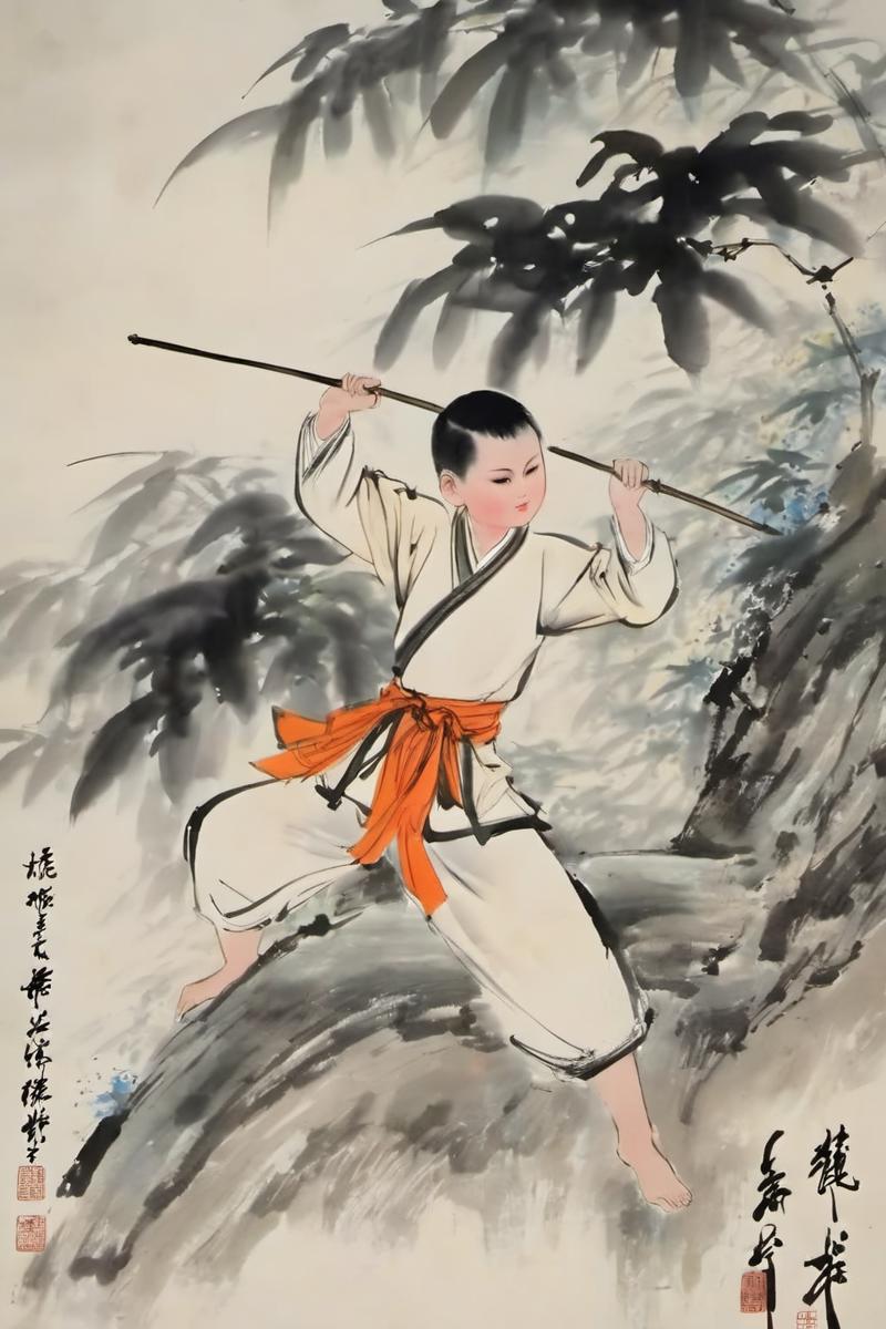 00514-425766876-chinese ink painting, traditional media, liujiyou , 1 boy, solo,Holding a long stick,  martial art , Shaolin Temple, long sleeve.png